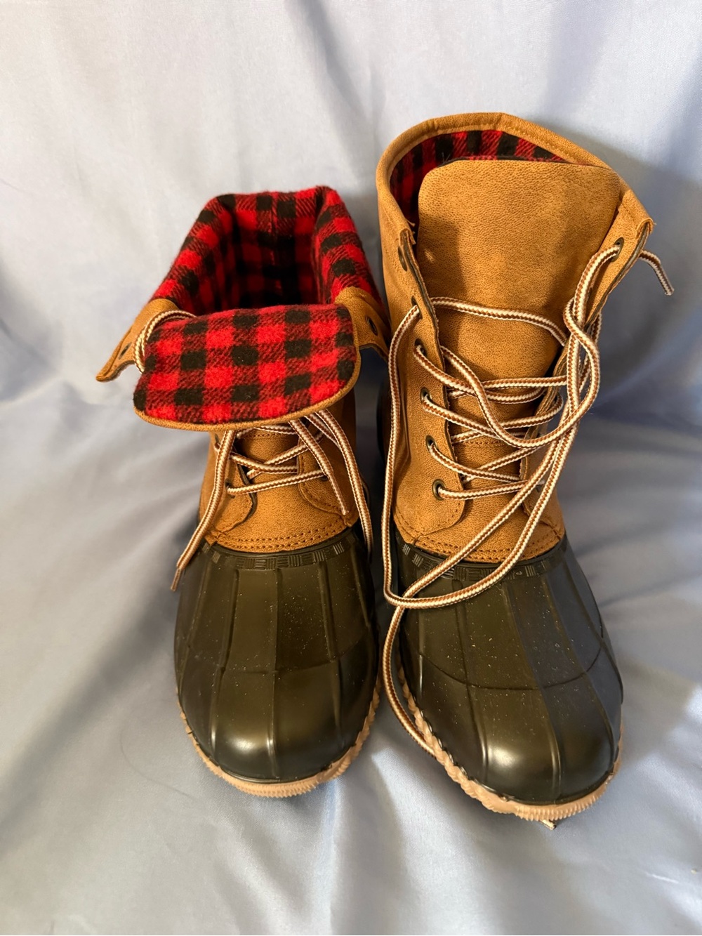 Avenue Tan and Black Duck Boots with Red Plaid Lining